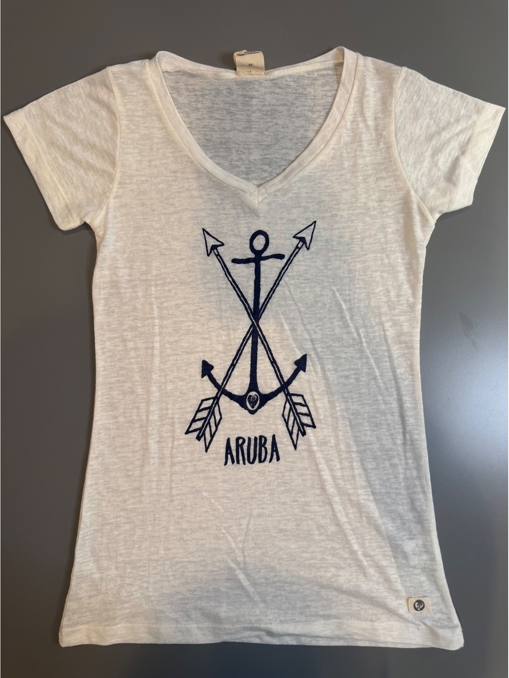 Lagaci Women's Aruba Anchor Graphic V-Neck T-Shirt, Medium, White Cotton-Poly